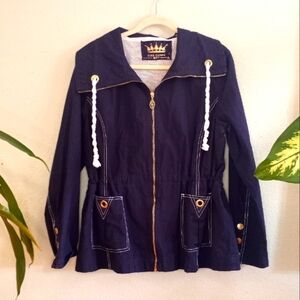 Oleg Cassini Sport Nautical Navy Coat W Gold Grommets White Rope Drawstring